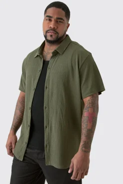 Plus Short Sleeve Regular Textured Shirt In Khaki | BoohooMAN UK
