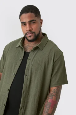 Plus Short Sleeve Regular Textured Shirt In Khaki | BoohooMAN UK