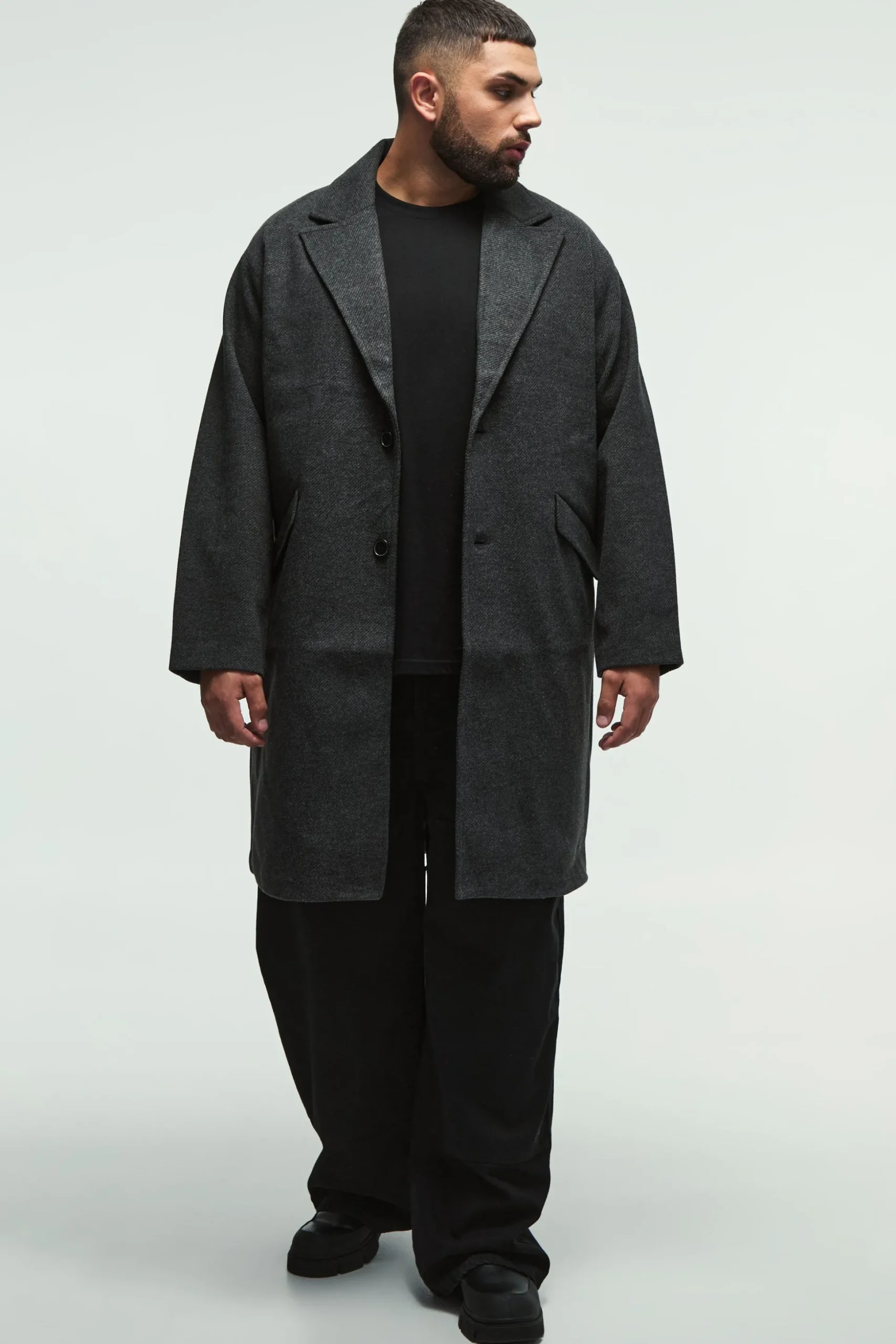 Plus Single Breasted Overcoat In Grey | BoohooMAN UK
