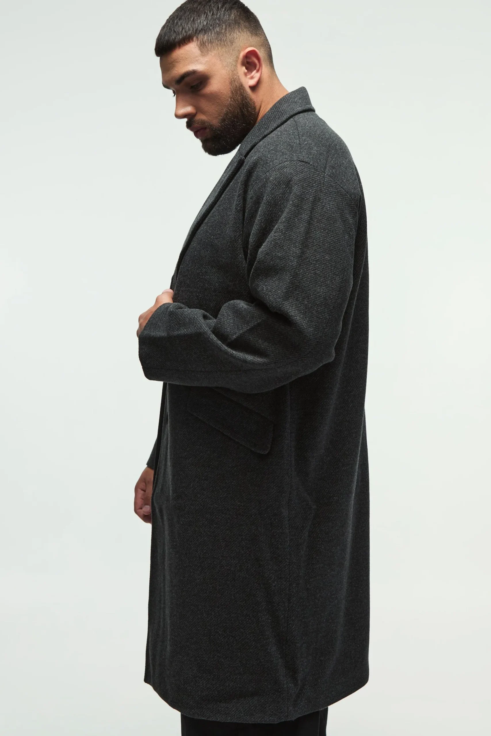 Plus Single Breasted Overcoat In Grey | BoohooMAN UK