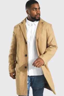 Plus Single Breasted Wool Look Overcoat In Camel | BoohooMAN UK