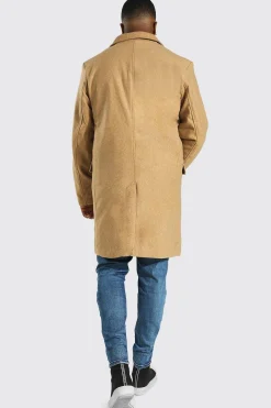 Plus Single Breasted Wool Look Overcoat In Camel | BoohooMAN UK