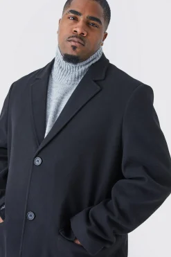 Plus Single Breasted Wool Look Overcoat In Black | BoohooMAN UK