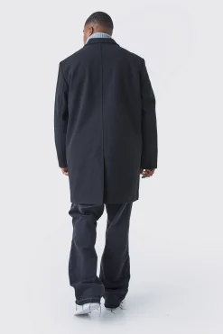 Plus Single Breasted Wool Look Overcoat In Black | BoohooMAN UK