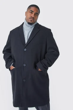 Plus Single Breasted Wool Look Overcoat In Black | BoohooMAN UK