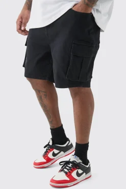 Plus Skinny Stretch Cargo Denim Shorts In Black | BoohooMAN UK