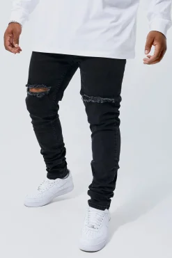 Plus Skinny Stretch Stacked Ripped Knee Jeans | BoohooMAN UK