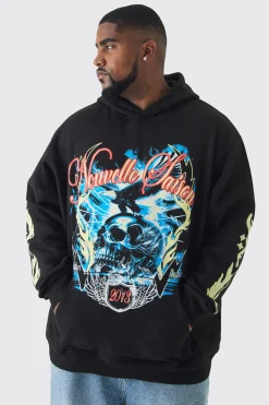 Plus Skull Flame Print Hoodie In Black | BoohooMAN UK