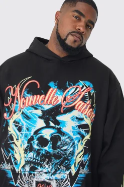 Plus Skull Flame Print Hoodie In Black | BoohooMAN UK