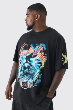Plus Skull Flame Print Oversized T-shirt In Black | BoohooMAN UK
