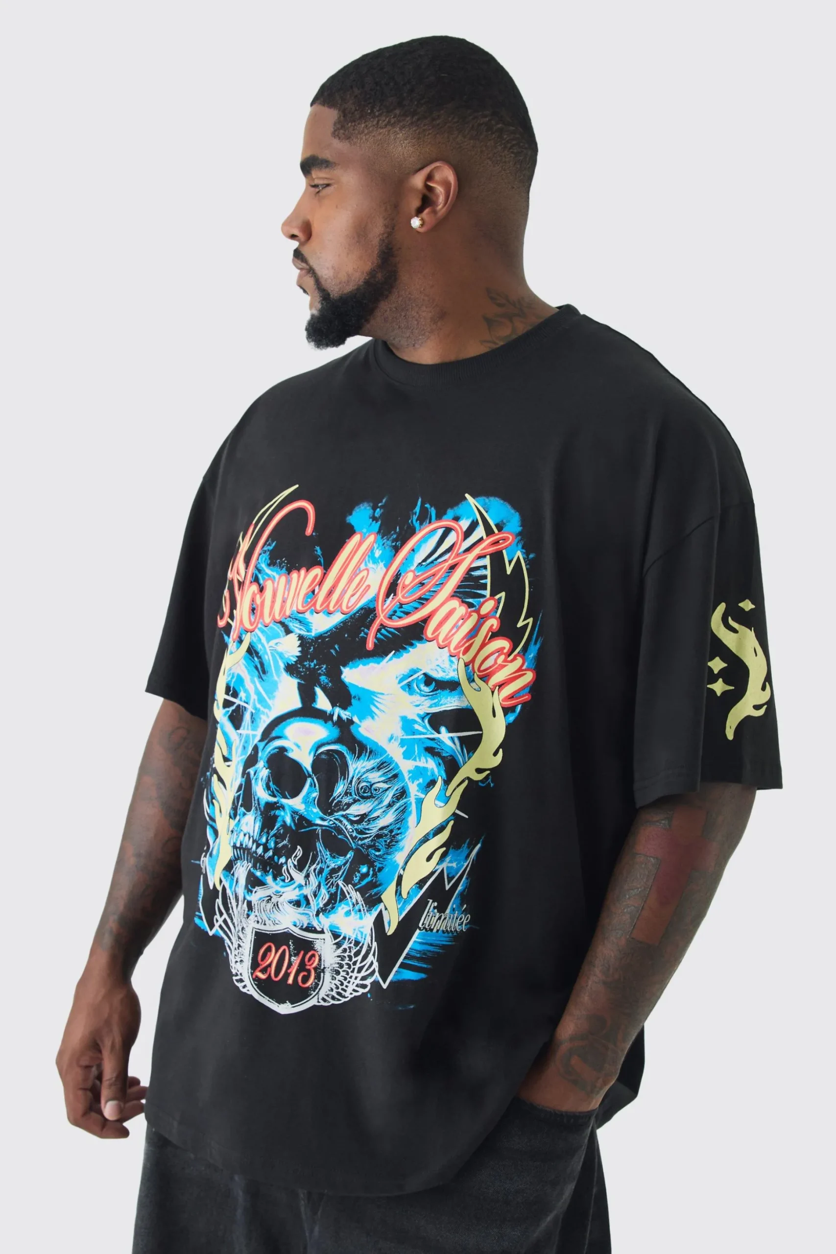 Plus Skull Flame Print Oversized T-shirt In Black | BoohooMAN UK