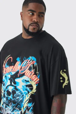 Plus Skull Flame Print Oversized T-shirt In Black | BoohooMAN UK