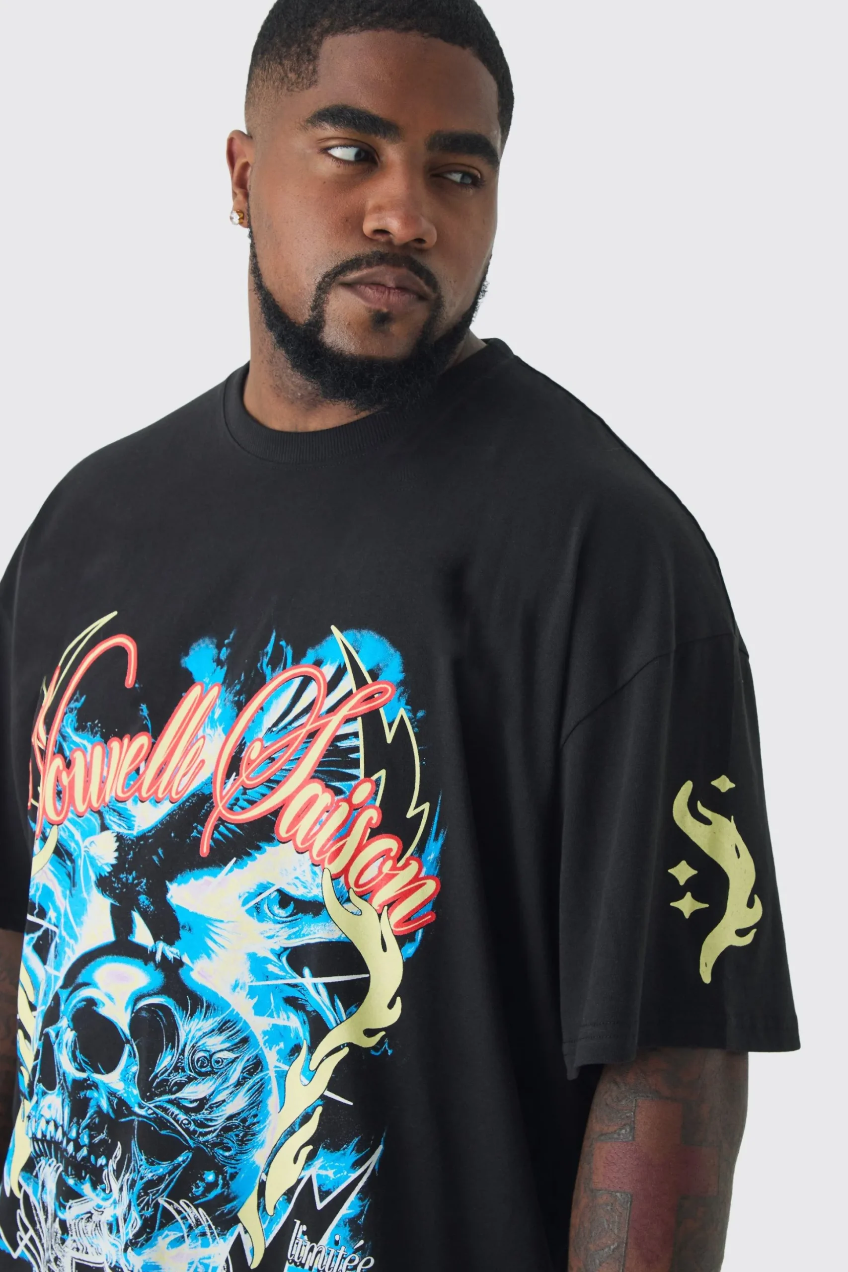 Plus Skull Flame Print Oversized T-shirt In Black | BoohooMAN UK