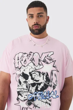 Plus Skull Homme Printed T-shirt In Light Pink | BoohooMAN UK