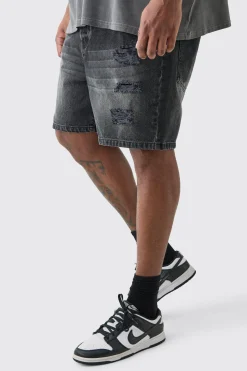 Plus Slim Fit Distressed Denim Shorts In Washed Black | BoohooMAN UK