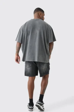 Plus Slim Fit Distressed Denim Shorts In Washed Black | BoohooMAN UK