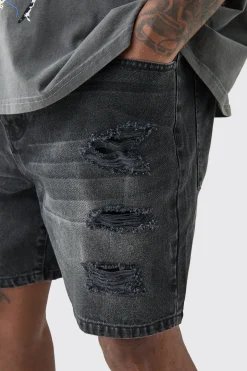 Plus Slim Fit Distressed Denim Shorts In Washed Black | BoohooMAN UK