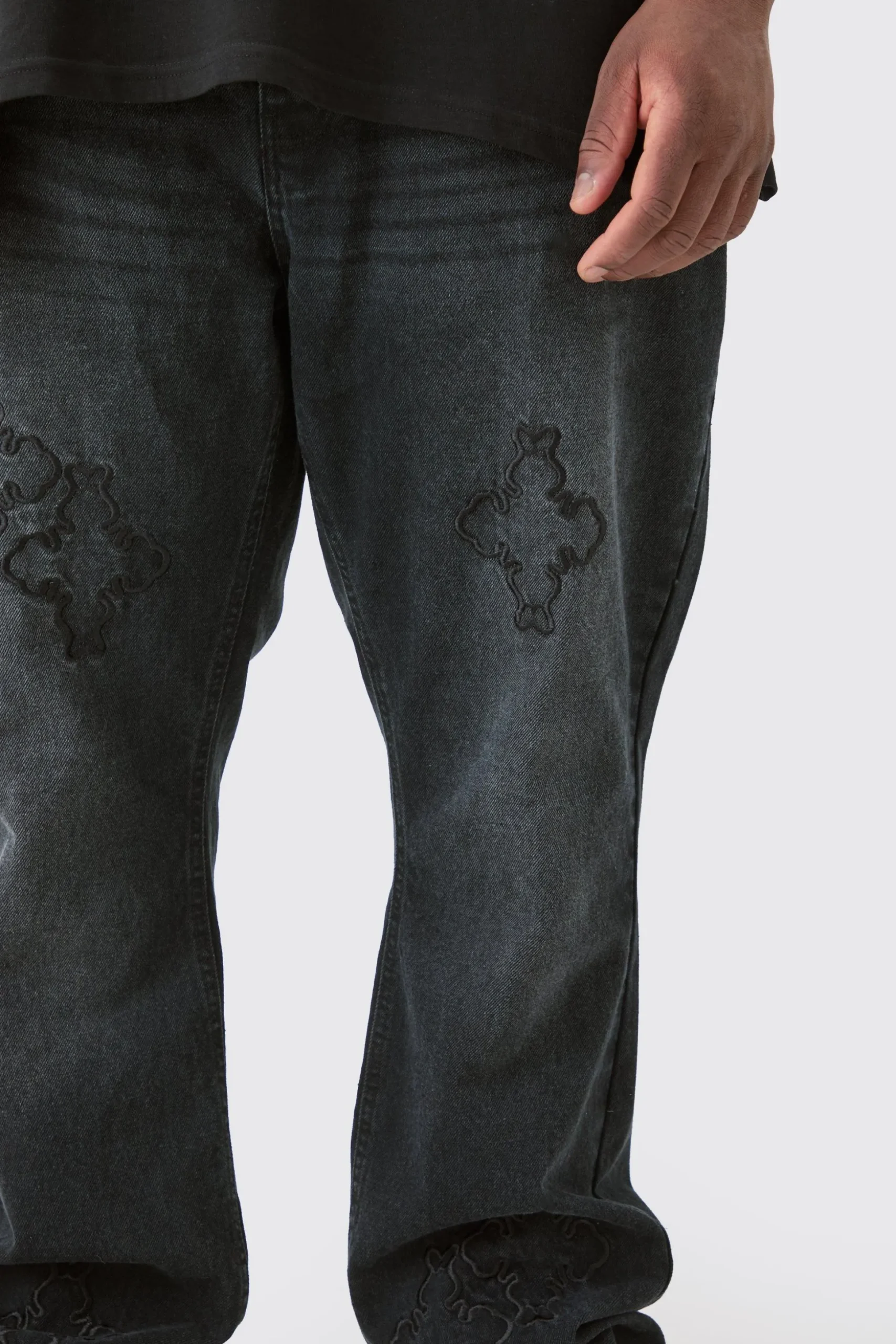 Plus Slim Rigid Flare Cross Applique Jean | BoohooMAN UK