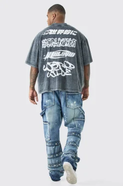 Plus Slim Rigid Flare Embellished Strap Detail Jeans | BoohooMAN UK