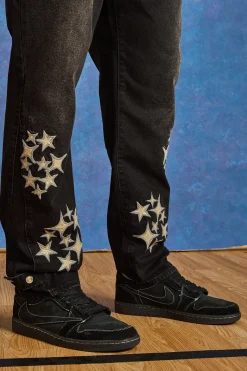 Plus Slim Rigid Pu Star Applique Gusset Jeans | BoohooMAN UK