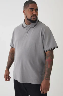 Plus Slim Tipped Pique Polo In Slate Grey | BoohooMAN UK