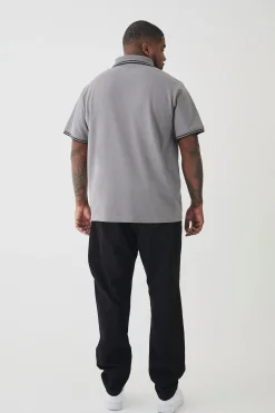 Plus Slim Tipped Pique Polo In Slate Grey | BoohooMAN UK