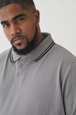 Plus Slim Tipped Pique Polo In Slate Grey | BoohooMAN UK