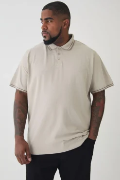 Plus Slim Tipped Pique Polo In Stone | BoohooMAN UK
