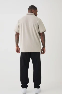 Plus Slim Tipped Pique Polo In Stone | BoohooMAN UK