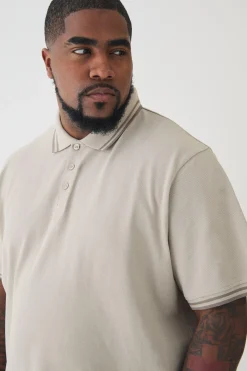 Plus Slim Tipped Pique Polo In Stone | BoohooMAN UK