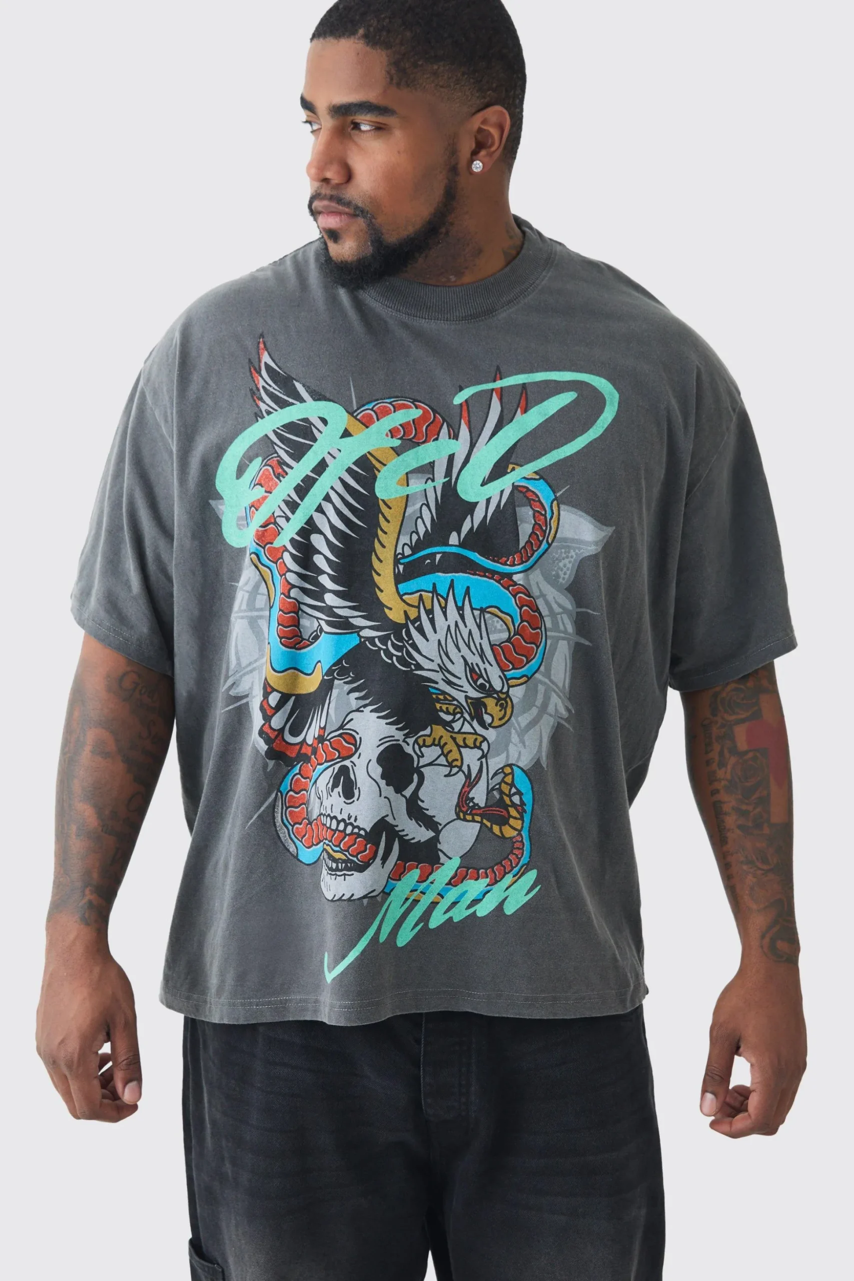 Plus Snake Ofcl Printed T-shirt In Grey | BoohooMAN UK