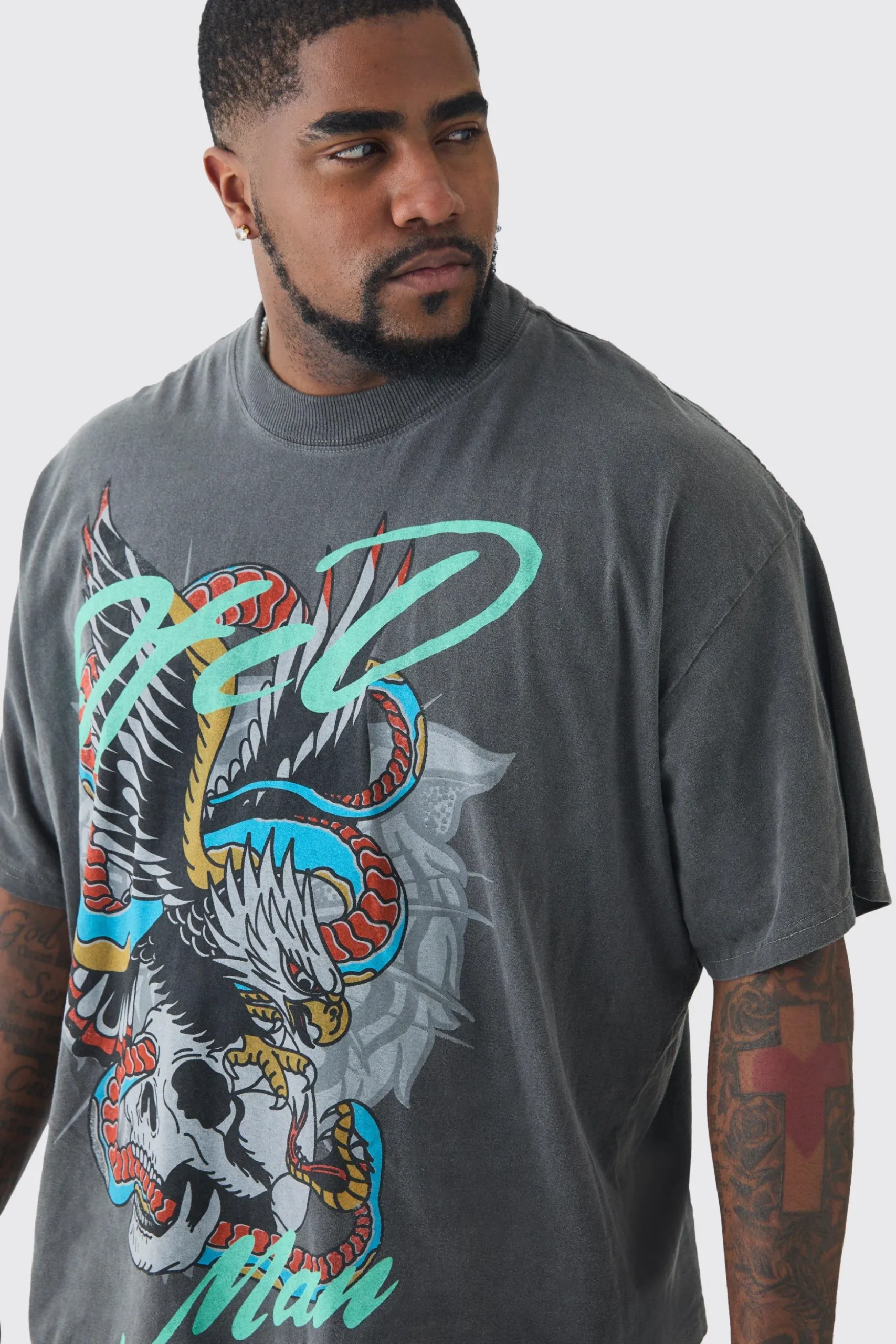 Plus Snake Ofcl Printed T-shirt In Grey | BoohooMAN UK