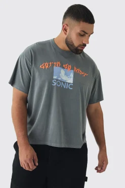 Plus Sonic Licence Washed T-shirt In Grey | BoohooMAN UK