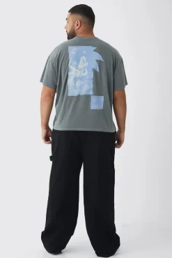 Plus Sonic Licence Washed T-shirt In Grey | BoohooMAN UK