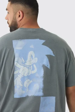Plus Sonic Licence Washed T-shirt In Grey | BoohooMAN UK