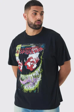 Plus Spiderman Licence Print Oversized T-shirt In Black | BoohooMAN UK