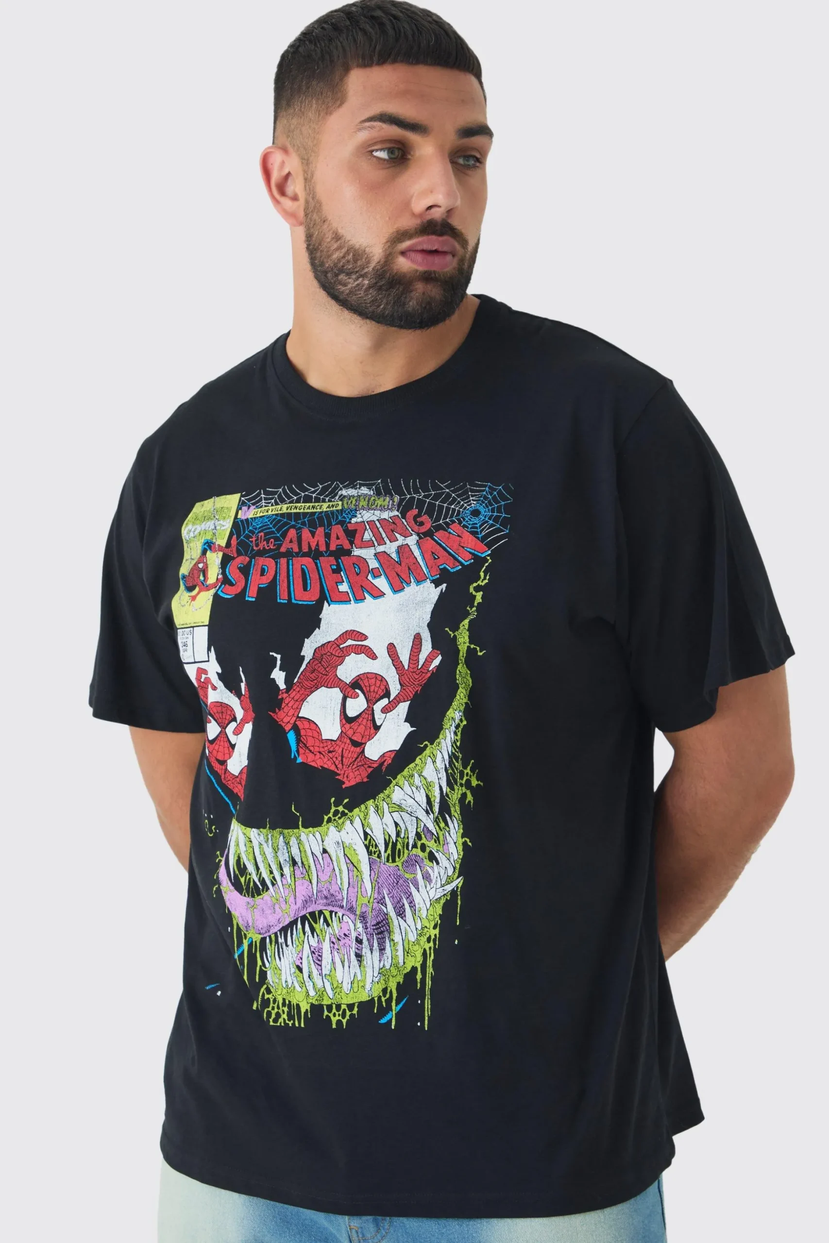 Plus Spiderman Licence Print Oversized T-shirt In Black | BoohooMAN UK