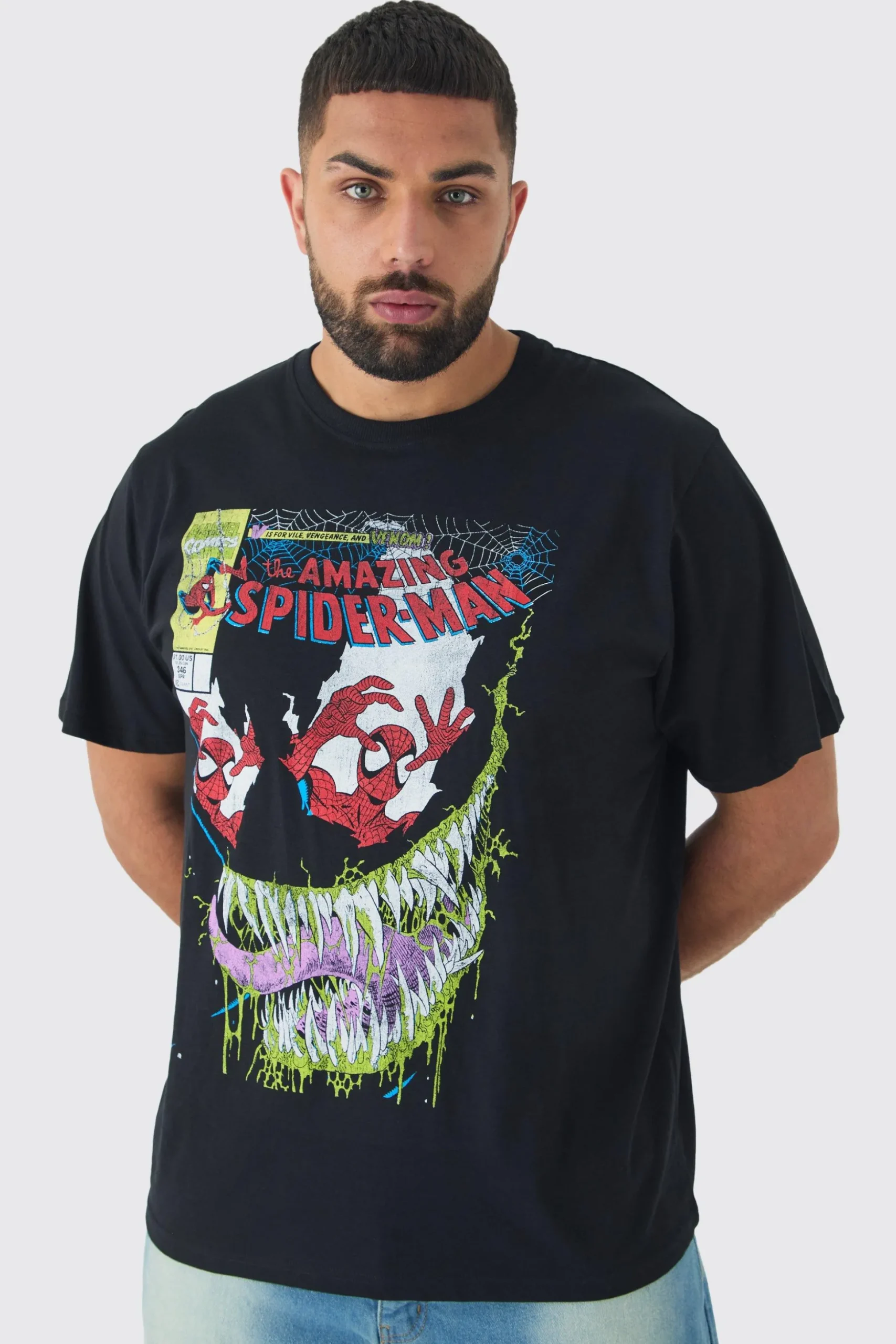 Plus Spiderman Licence Print Oversized T-shirt In Black | BoohooMAN UK
