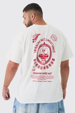 Plus Sriracha Hot Chilli Sauce License Back Print T-shirt In White | BoohooMAN UK