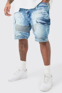 Plus Straight Fit Biker Denim Shorts | BoohooMAN UK