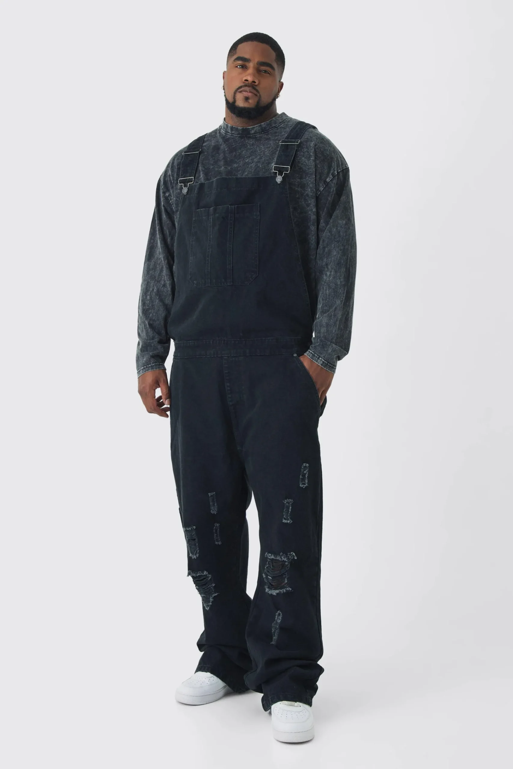 Plus Straight Leg Distressed Dungaree | BoohooMAN UK