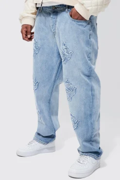 Plus Straight Leg Dove Applique Jean | BoohooMAN UK