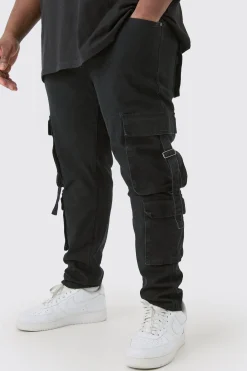 Plus Stretch Skinny Cargo Pocket Detail Jean In True Black | BoohooMAN UK