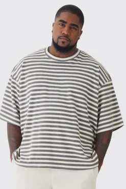 Plus Stripe Compact Rib Boxy Oversized T-Shirt | BoohooMAN UK
