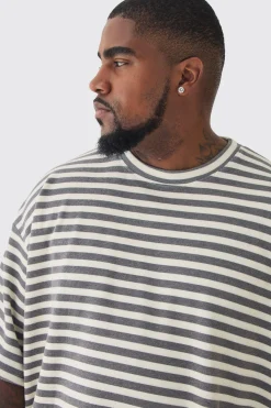 Plus Stripe Compact Rib Boxy Oversized T-Shirt | BoohooMAN UK