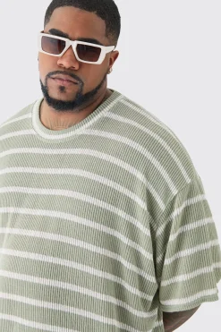 Plus Stripe Knit Relaxed T-shirt | BoohooMAN UK