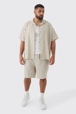 Plus Stripe Linen Revere Collar Shirt & Short Set | BoohooMAN UK