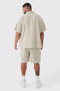 Plus Stripe Linen Revere Collar Shirt & Short Set | BoohooMAN UK