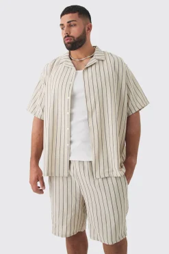 Plus Stripe Linen Revere Collar Shirt & Short Set | BoohooMAN UK