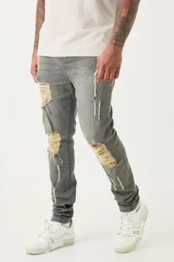 Plus Super Skinny Stretch Multi Rip Stacked Jeans | BoohooMAN UK